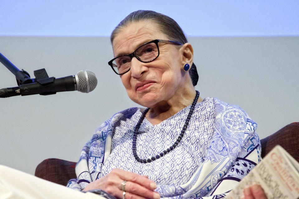 FILE - In this July 5, 2018 file photo, US Supreme Court Justice Ruth Bader Ginsburg speaks after the screening of "RBG," the documentary about her, in Jerusalem. Days after her injuring three ribs from a fall, the 85-year-old Supreme Court justice is back on the job, capping a year in which she’s emerged as a true pop culture heroine. Already in the spotlight for "RBG," the documentary in which she's shown doing pushups among other things, she's also the subject of a popular SNL rap video, and by year's end a new feature film, "On the Basis of Sex." (AP Photo/Caron Creighton, File)