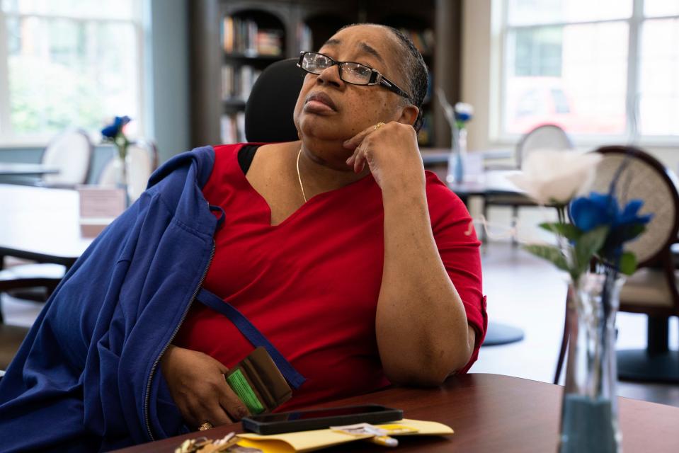 Sandra Talley, 70, sits after a presentation from For the Love of Charlie cannabis company at Baldwin House Senior Living in Hazel Park on Wednesday, August 9, 2023.