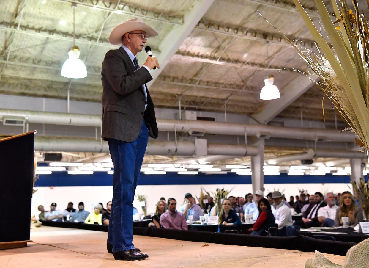 Joe Leathers, the general manager of the 6666 Ranch, speaks during Wednesday's Agriculture Legacy Luncheon at the Texas Farm-Ranch-Wildlife Expo. The "Four-Sixes", as its known, is also where some of the Paramount TV show "Yellowstone" is filmed.