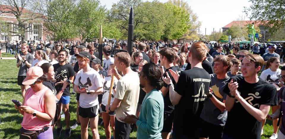 Students participate in the festivities during the Purdue Day of Giving event, Wednesday, April 26, 2023, at Purdue's Memorial Mall in West Lafayette, Ind.