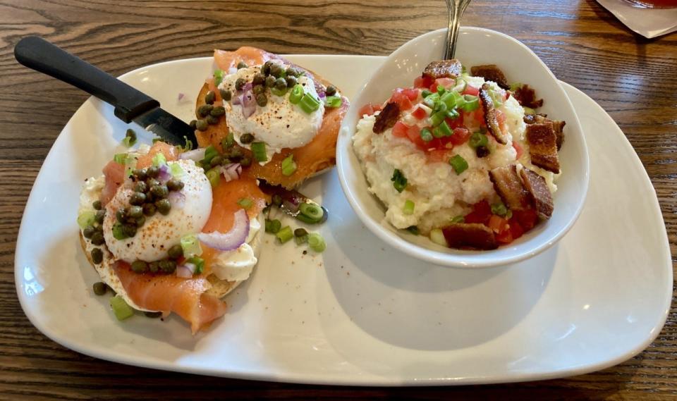 Local Sean Hughes tried the smoked salmon Benedict — a bagel with cream cheese, smoked salmon, chopped onion (green onion, or chives), capers and a poached egg on top. “Lacking the Hollandaise made it even tastier as I believe adding the sauce would detract from the flavor of the egg and salmon,” Hughes said.