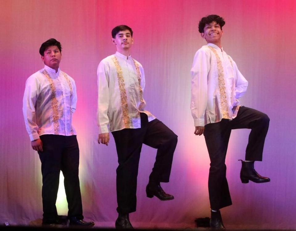 Aiden Flores, Isaac Ayala and Vicente Sánchez perform ‘Popurrí de Quintana Roo’ at the Central East Danzantes de Tláloc 25th anniversary show at the Performing Arts Center on May 26, 2023.