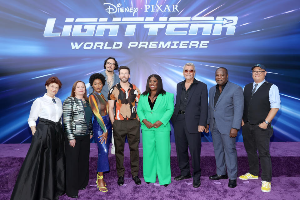 The cast of “Lightyear”: (L-R) Mary McDonald-Lewis, Dale Soules, Keke Palmer, Efren Ramirez, Chris Evans, Uzo Aduba, James Brolin, Isiah Whitlock Jr. and Peter Sohn. - Credit: Rich Polk/Getty Images for Disney