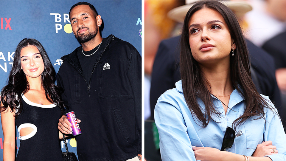 Nick Kyrgios poses with his girlfriend Costeen Hatzi and Hatzi at the tennis.