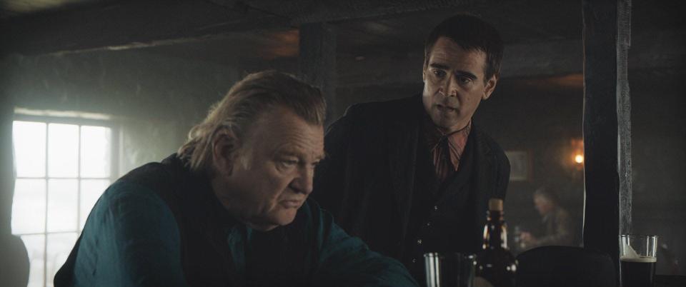 Brendan Gleeson and Colin Farrell at a bar in "The Banshees of Inisherin"