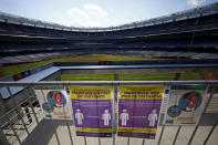 The New York Yankees baseball team holds a workout at Yankee Stadium in New York, Saturday, July 4, 2020. (AP Photo/Adam Hunger)