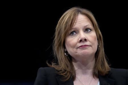 General Motors CEO Mary Barra appears onstage during a launch event for new Chevrolet cars before the New York Auto Show in New York April 15, 2014. REUTERS/Carlo Allegri