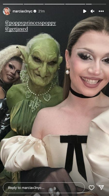 an instagram story post from marcia marcia marcia, showing them talking a selfie, with princess poppy as a green goblin and jax, with blonde hair and a shiny dress, in the background