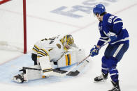 Toronto Maple Leafs' William Nylander (88) scores against Boston Bruins goaltender Jeremy Swayman (1) during third-period action in Game 6 of an NHL hockey Stanley Cup first-round playoff series in Toronto, Thursday, May 2, 2024. (Frank Gunn/The Canadian Press via AP)