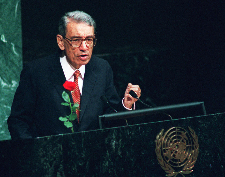 <p>Boutros Boutros-Ghali, an Eygptian politician and diplomat who served as Secretary-General of the United Nations from 1992-1996, died from complications from a fall on February 16. He was 93. — (Pictured) United Nations Secretary General Boutros Boutros-Ghali addresses the Socialist International conference at the United Nations in 1996. (AP Photo/Ed Bailey) </p>