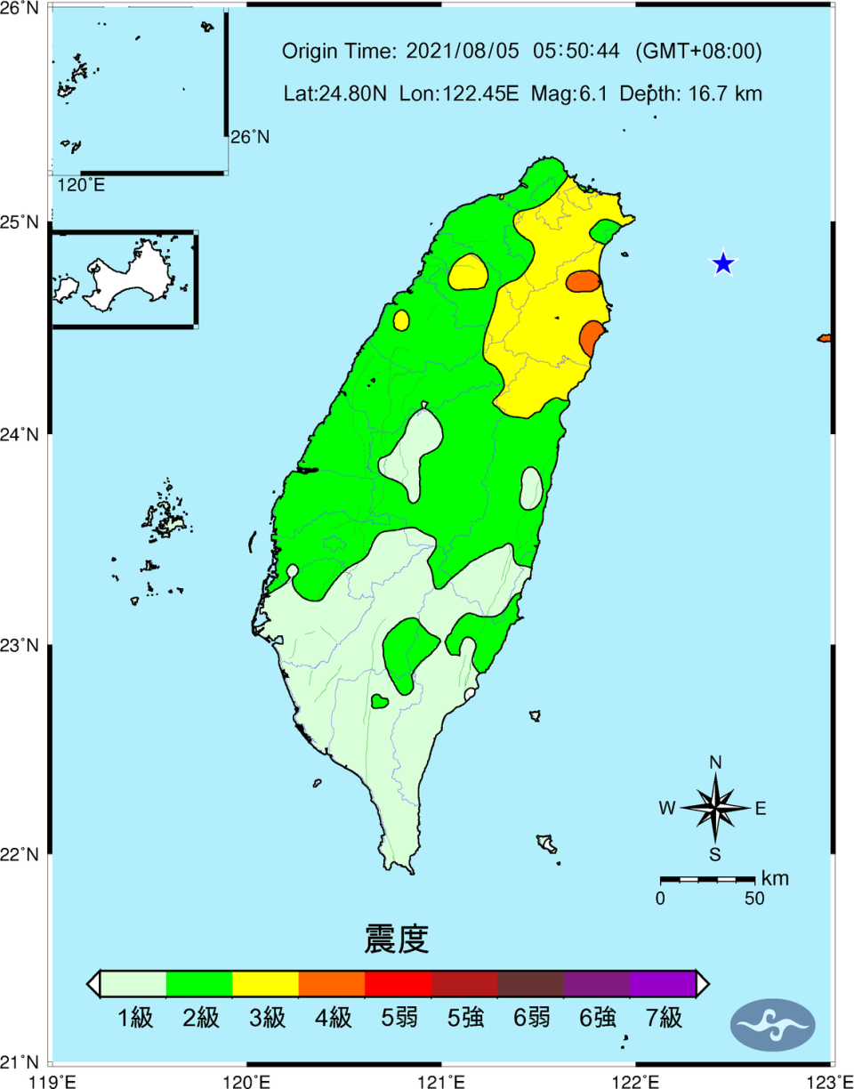 今日清晨宜蘭外海發生規模6.1地震(圖為地震震度圖)。   圖：中央氣象局／提供