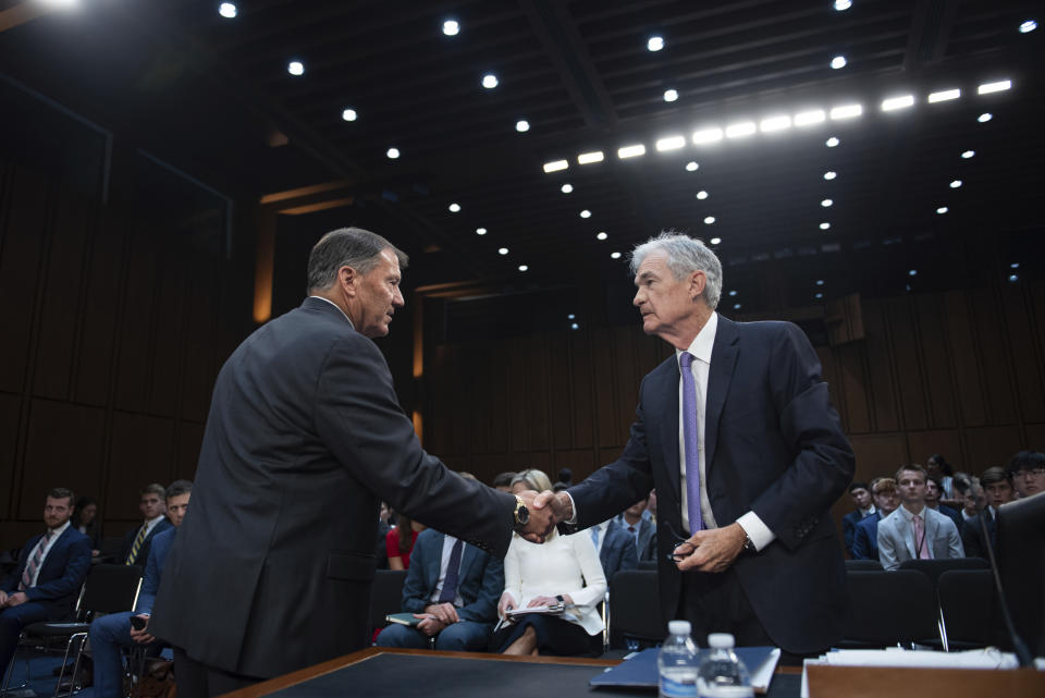 Chair of the Federal Reserve of the United States Jerome Powell shakes hands with United States Senator Mike Rounds (Republican of South Dakota) at a hearing for the Committee on Banking, Housing, and Urban Affairs to present "The Semiannual Monetary Policy Report to Congress" in the Hart Senate office building in Washington, D.C. on Wednesday, July 9, 2024. (Photo by Annabelle Gordon/Sipa USA)(Sipa via AP Images)