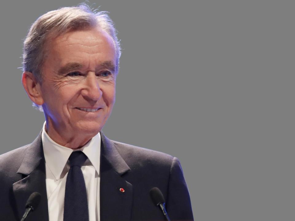  Bernard Arnault headshot, CEO of LVMH, graphic element on gray