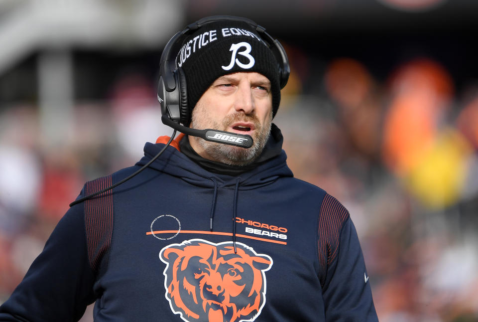 CHICAGO, ILLINOIS - JANUARY 02: Head Coach Matt Nagy of the Chicago Bears reacts on the sidelines during the second quarter of the game against the New York Giants at Soldier Field on January 02, 2022 in Chicago, Illinois. (Photo by Quinn Harris/Getty Images)