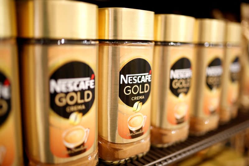 FILE PHOTO: Jars of Nescafe Gold coffee by Nestle are pictured in the supermarket of Nestle headquarters in Vevey