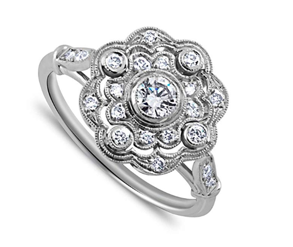 0.40CT 18K White Gold Edwardian Style Pave Bezel Set Round Diamond Art Deco Style Flower Engagement Ring 1.6mm Wide