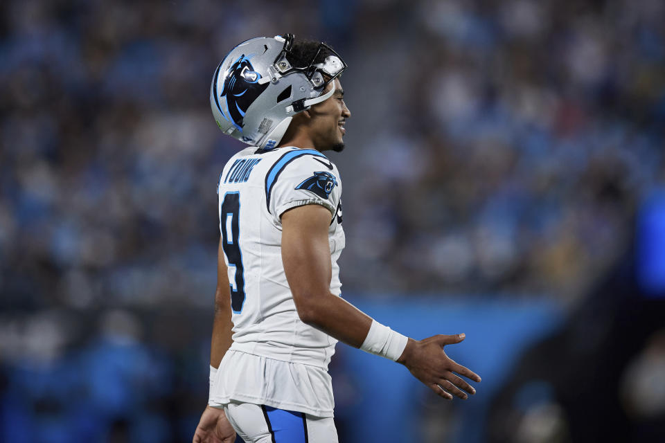 Carolina Panthers quarterback Bryce Young was a full participant at practice after missing more than a week due to injury. (AP Photo/Brian Westerholt)