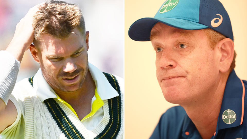 Pictured right is Australia coach Andrew McDonald and David Warner on left.