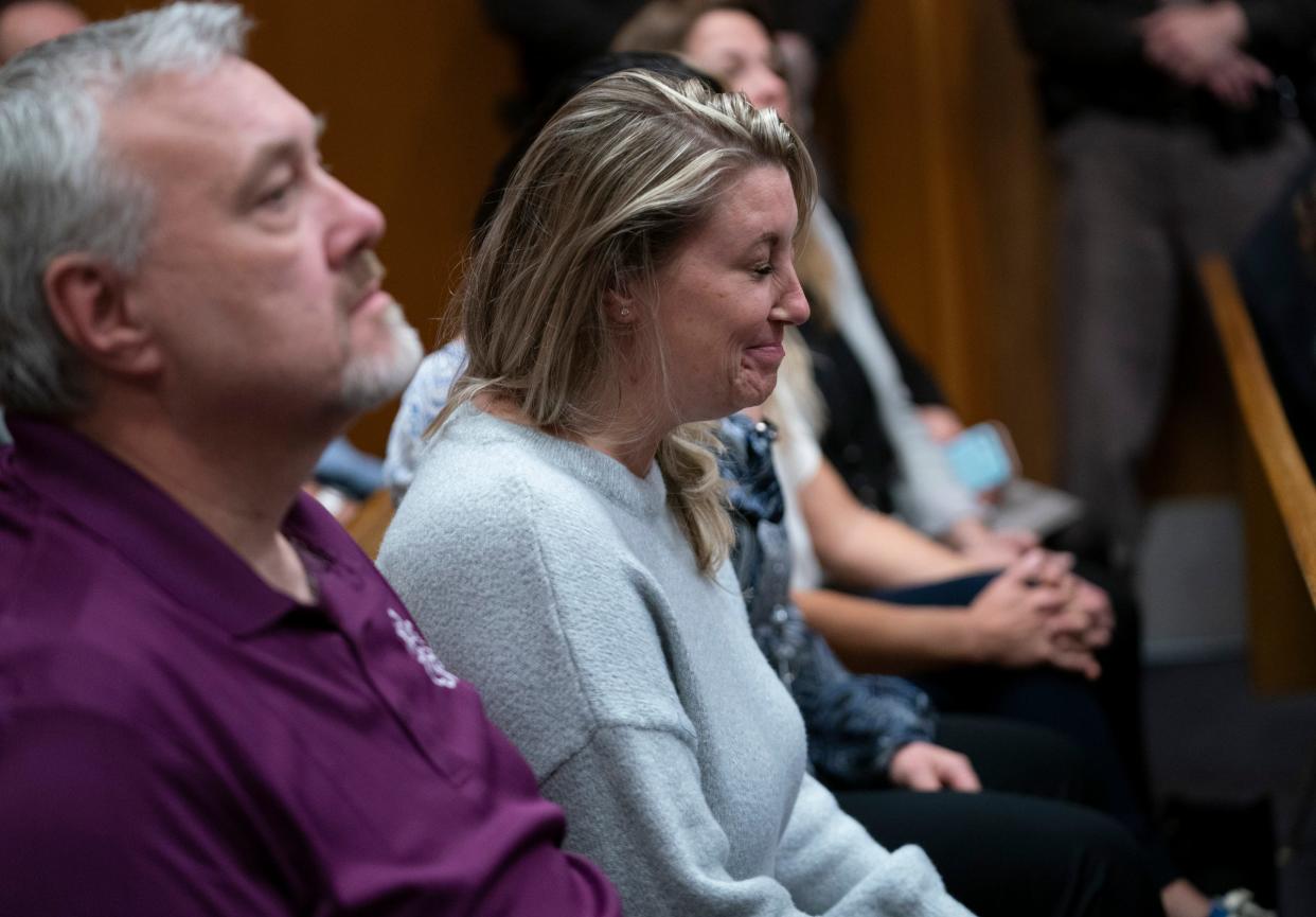 Nicole Beausoleil, mother of Madisyn Baldwin, reacts to the guilty verdicts handed to James Crumbley in the Oakland County courtroom of Cheryl Matthews on Thursday, March, 14, 2024. Crumbley was tried on four counts of involuntary manslaughter for the four students killed in the 2021 Oxford High School shooting perpetrated by his son Ethan Crumbley.