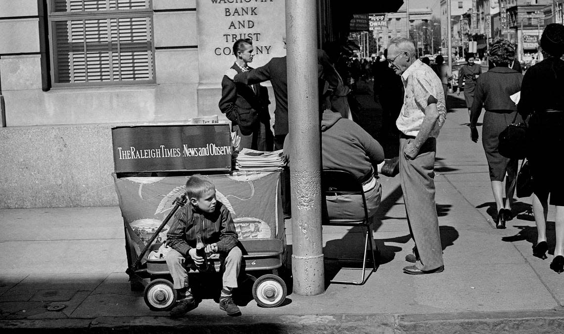 A scene at the bustling northwest corner of of Fayetteville and Martin Streets, February 24, 1962.