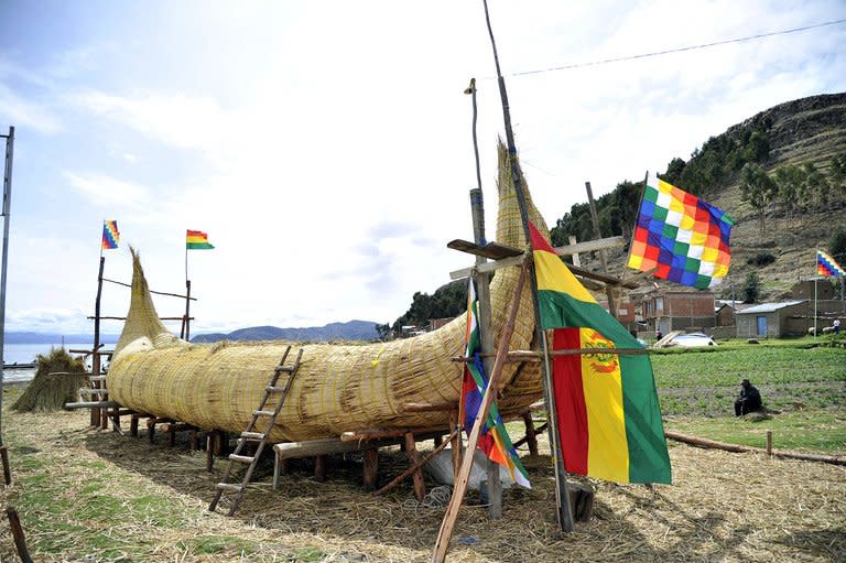 A reed boat (also known as a "Thunupa") is shown on on Suriqui island in Lake Titicaca, Bolivia, on December 2, 2012. The Limachi family specializes in building eco-friendly reed ships at this shipyard on the top of the world with pre-Columbian technology. But don't be fooled -- these ships can sail across vast oceans