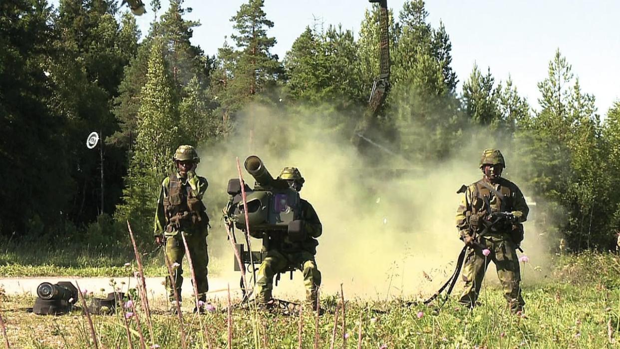 Unidentified soldiers carrying out a teat of a Swedish designed RBS 70 NG portable air defence system in this undated handout. Canada will acquire a number of the systems to deploy with troops serving in Latvia.  (Saab India/Handout - image credit)