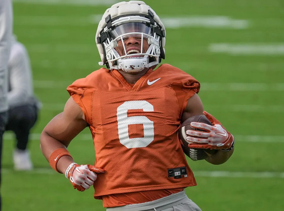 Texas Longhorns running back Christian Clark during football spring practice at the Frank Denius practice fields in Austin, Tuesday, March 19, 2024.