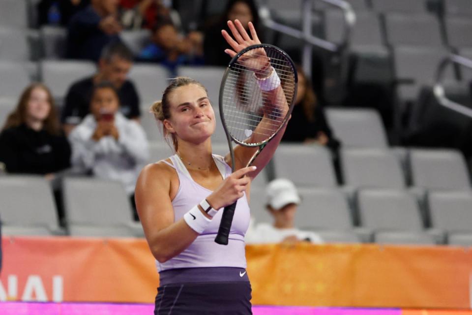 Aryna Sabalenka outlasted second seed Ons Jabeur 3-6 7-6 (5) 7-5 over almost two-and-a-half hours on the opening night of round-robin play at the WTA Finals (Tim Heitman/PA) (AP)