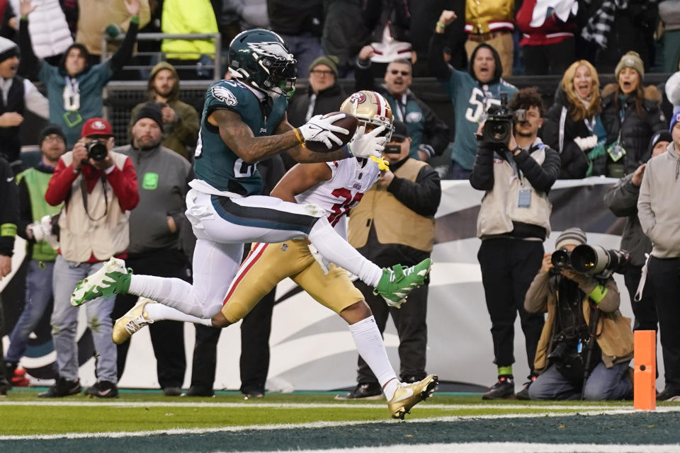 Philadelphia Eagles running back Miles Sanders celebrates after scoring during the first half of the NFC Championship NFL football game between the Philadelphia Eagles and the San Francisco 49ers on Sunday, Jan. 29, 2023, in Philadelphia. (AP Photo/Seth Wenig)