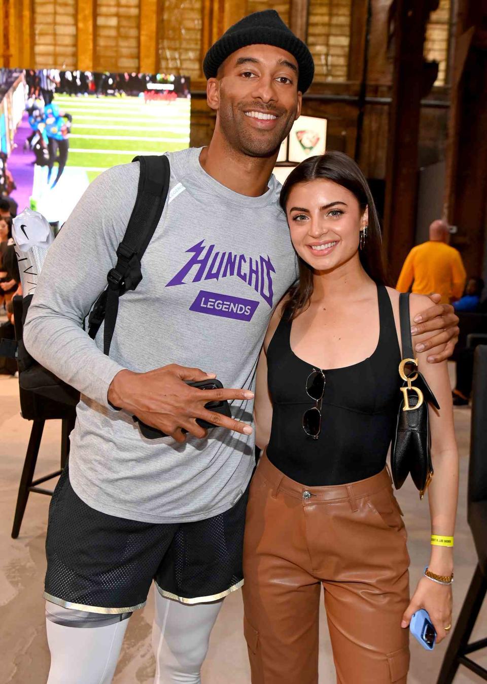 Matt James and Rachael Kirkconnell attend 2022 Huncho Day Celebrity Football Game during Fan Controlled Football Season v2.0 - Week Three at Pullman Yards on April 30, 2022 in Atlanta, Georgia