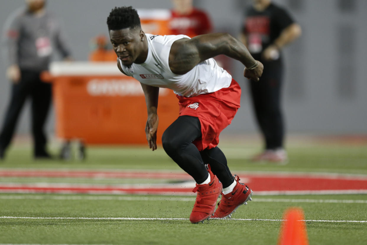 Linebacker Jerome Baker runs a drill during Ohio State’s NFL Pro Day Thursday, March 22, 2018, in Columbus, Ohio. (AP Photo/Jay LaPrete