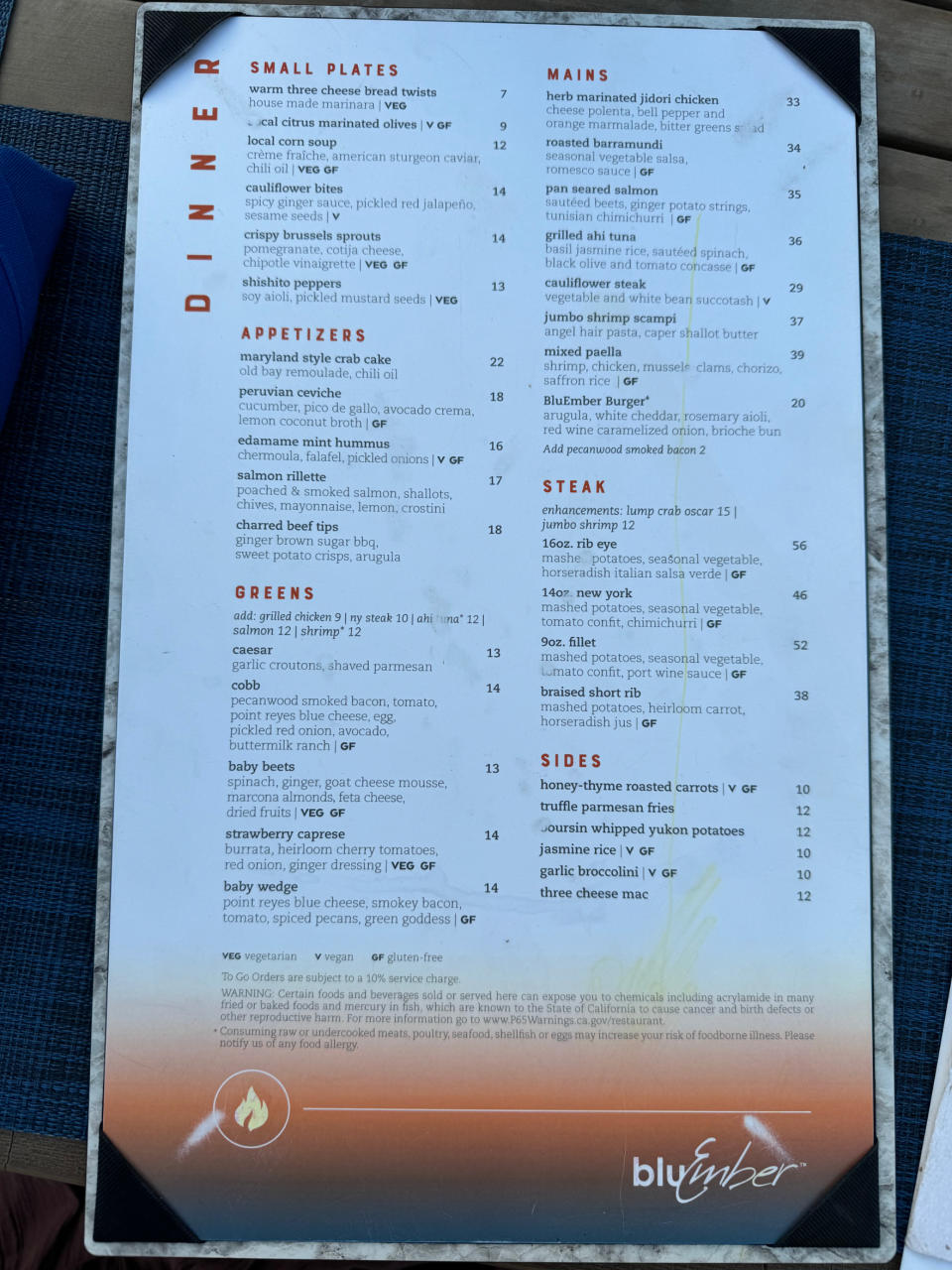 Menu of a restaurant with various dinner options, including appetizers, salads, steaks, and sides. Prices listed alongside each item