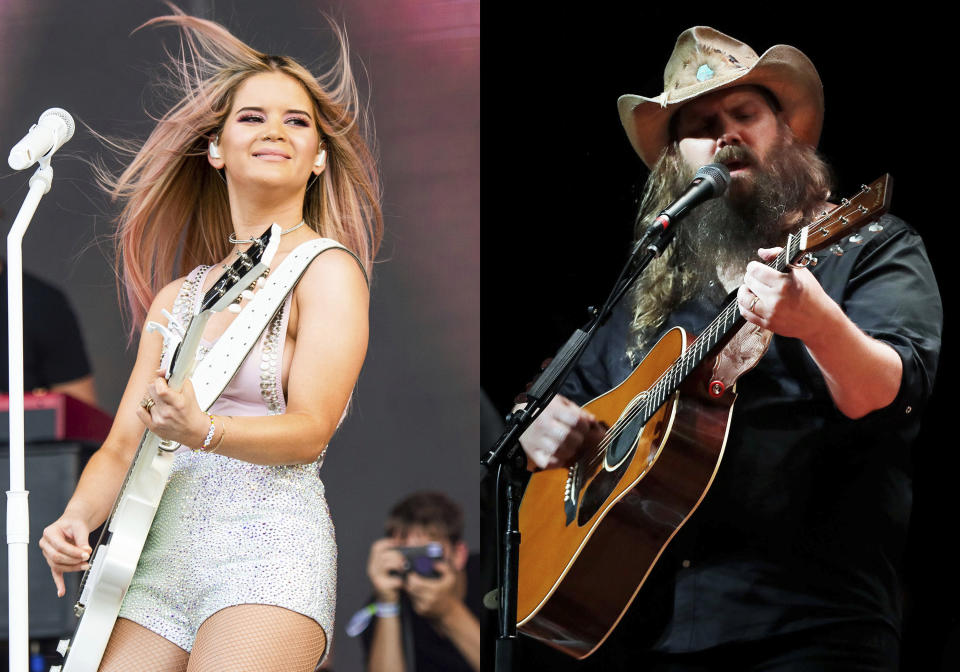 Maren Morris performs at the Bonnaroo Music and Arts Festival in Manchester, Tenn., on June 15, 2019 , left, and Chris Stapleton performs during Marty Stuart's Late night Jam at the Ryman Auditorium in Nashville, Tenn. on June 7, 2018. Morris and Stapleton lead the nominations for this year's Academy of Country Music Awards. The academy announced on Friday that Morris and Stapleton both had six nominations ahead of the April 18 awards show, which will air on CBS from Nashville, Tennessee. (AP Photo)