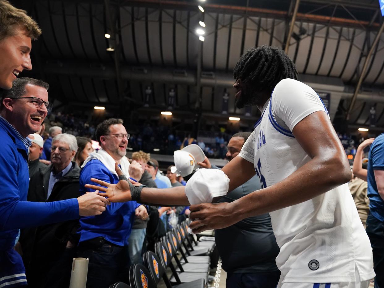 Apr 4, 2024; Indianapolis, IN, USA; Seton Hall Pirates center Jaden Bediako (15) celebrates with fans after defeating the Indiana State Sycamores at Hinkle Fieldhouse. Mandatory Credit: Robert Goddin-USA TODAY Sports