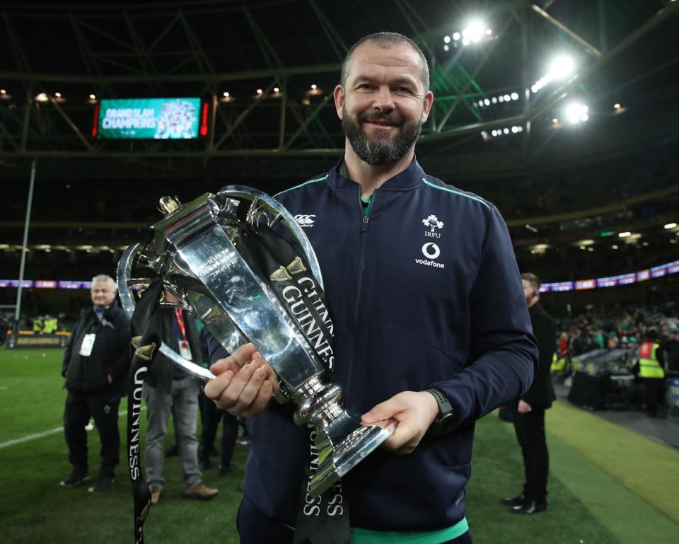 Ireland coach Andy Farrell lifts the title after his team seal Six Nations grand slam  (Getty Images)