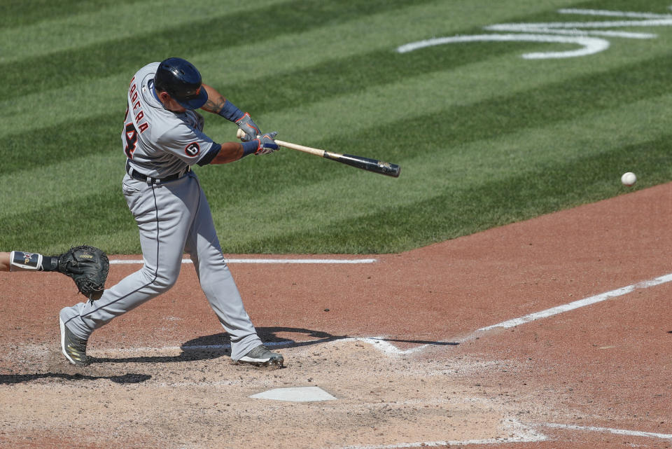 Detroit Tigers' Miguel Cabrera drives in Jonathan Schoop with a hit in the eighth inning of a baseball game against the Pittsburgh Pirates, Sunday, Aug. 9, 2020, in Pittsburgh. (AP Photo/Keith Srakocic)