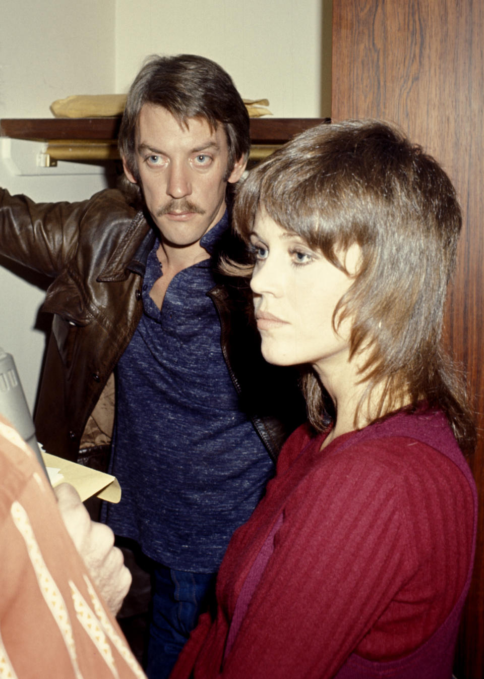 Donald Sutherland and Jane Fonda during Jane Fonda and Donald Sutherland Perform an Anti-Vietnam Demonstration - November 21, 1971 at Philharmonic Hall in New York City, New York, United States. (Photo by Ron Galella/Ron Galella Collection via Getty Images)