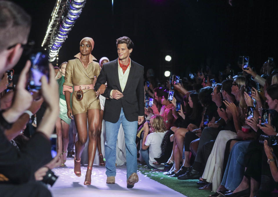 The latest fashion creation from Brandon Maxwell is modeled during New York Fashion Week, Saturday, Sept. 7, 2019, in the Brooklyn borough of New York. (AP Photo/Bebeto Matthews)