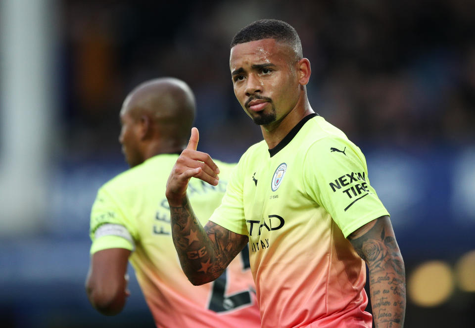 LIVERPOOL, ENGLAND - SEPTEMBER 28: Gabriel Jesus of Manchester City celebrates after scoring his team's first goal during the Premier League match between Everton FC and Manchester City at Goodison Park on September 28, 2019 in Liverpool, United Kingdom. (Photo by Matt McNulty - Manchester City/Manchester City FC via Getty Images)