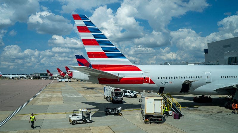 A photo of planes lined up at Heathrow Airport. 