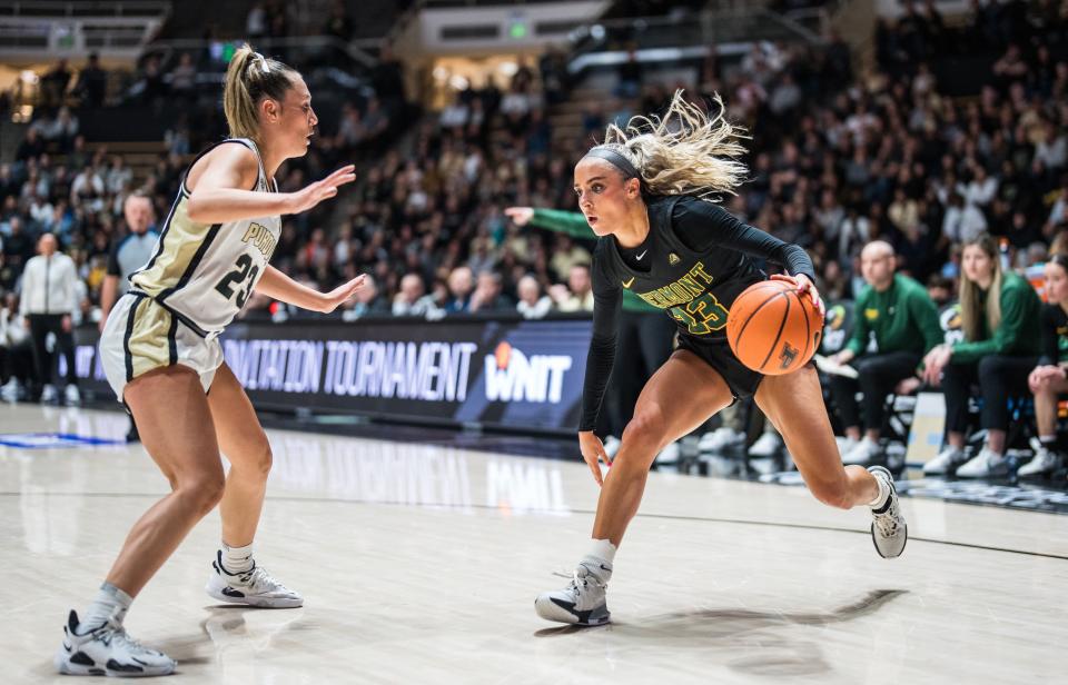 Vermont senior guard Emma Utterback looks to drive vs. host Purdue in the WNIT Great Eight on Monday, April 1, 2024.