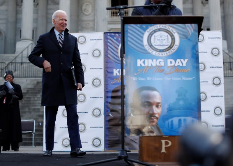 Democratic U.S. presidential candidate and former U.S. Vice President Joe Biden walks to the stage during the Martin Luther King Jr. (MLK) Day festivities in Columbia