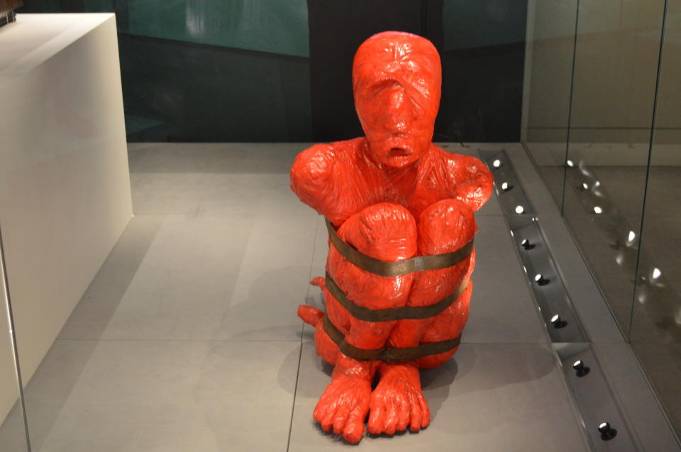 In this Nov. 24, 2019, photo, a sculpture entitled "Timalle," by French artist Francois Piquet, which tackles the themes of slavery in the Caribbean, is displayed at the International Slavery Museum in Liverpool, England. The museum seeks to tell the story of the enslavement of people from Africa and how the British city benefited from human bondage. (AP Photo/Russell Contreras)