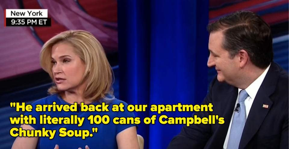 Heidi saying, "He arrived back at our apartment with literally 100 cans of Campbell's Chunky soup."