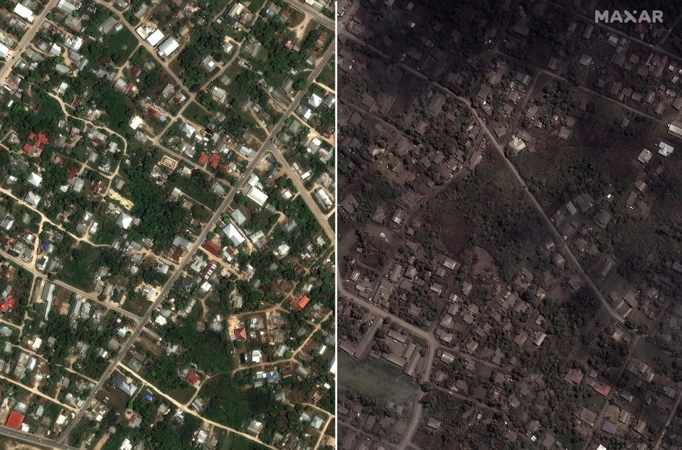 Maxar satellite imagery of homes and buildings in Tonga before the volcanic eruption and tsunami (left) and after, coated in ash (right).  / Credit: Satellite Image (c) 2022 Maxar Technologies