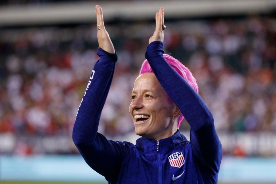 United States' Megan Rapinoe celebrates after the team's international friendly soccer match against Portugal, Thursday, Aug. 29, 2019, in Philadelphia. The United States won 4-0.