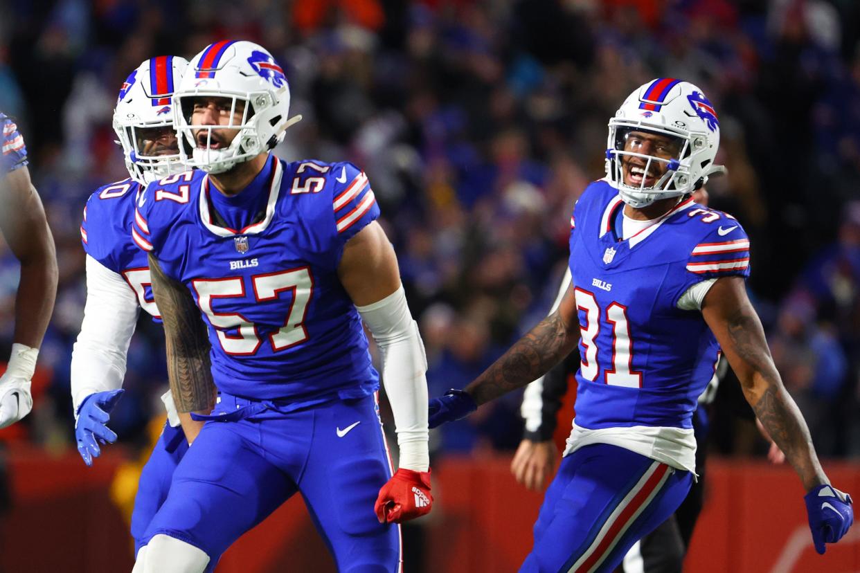 ORCHARD PARK, NEW YORK - NOVEMBER 13: AJ Epenesa #57 of the Buffalo Bills reacts during the third quarter of the game against the Denver Broncos at Highmark Stadium on November 13, 2023 in Orchard Park, New York. (Photo by Timothy T Ludwig/Getty Images)