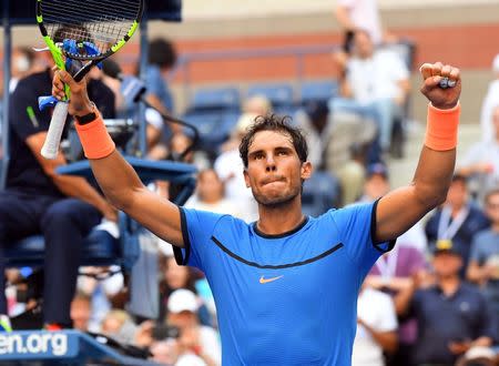 Aug 29, 2016; New York, NY, USA; Rafael Nadal of Spain after beating Denis Istomin of Uzbekistan on day one of the 2016 U.S. Open tennis tournament at USTA Billie Jean King National Tennis Center. Mandatory Credit: Robert Deutsch-USA TODAY Sports