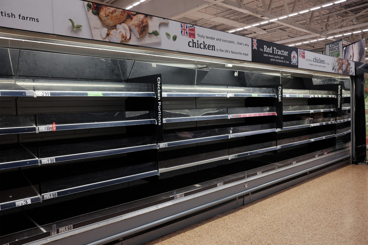 Empty shelves in the meat and chicken aisles of an Asda store in London. PA Photo. Picture date: Saturday March 14, 2020. Photo credit should read: Yui Mok/PA Wire (Photo by Yui Mok/PA Images via Getty Images)