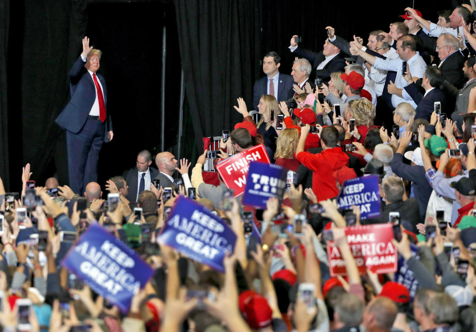 President Trump waves to supporters after being introduced at a campaign rally in Cape Girardeau, Mo., on Nov. 5, 2018. (Photo: Jeff Roberson/AP)